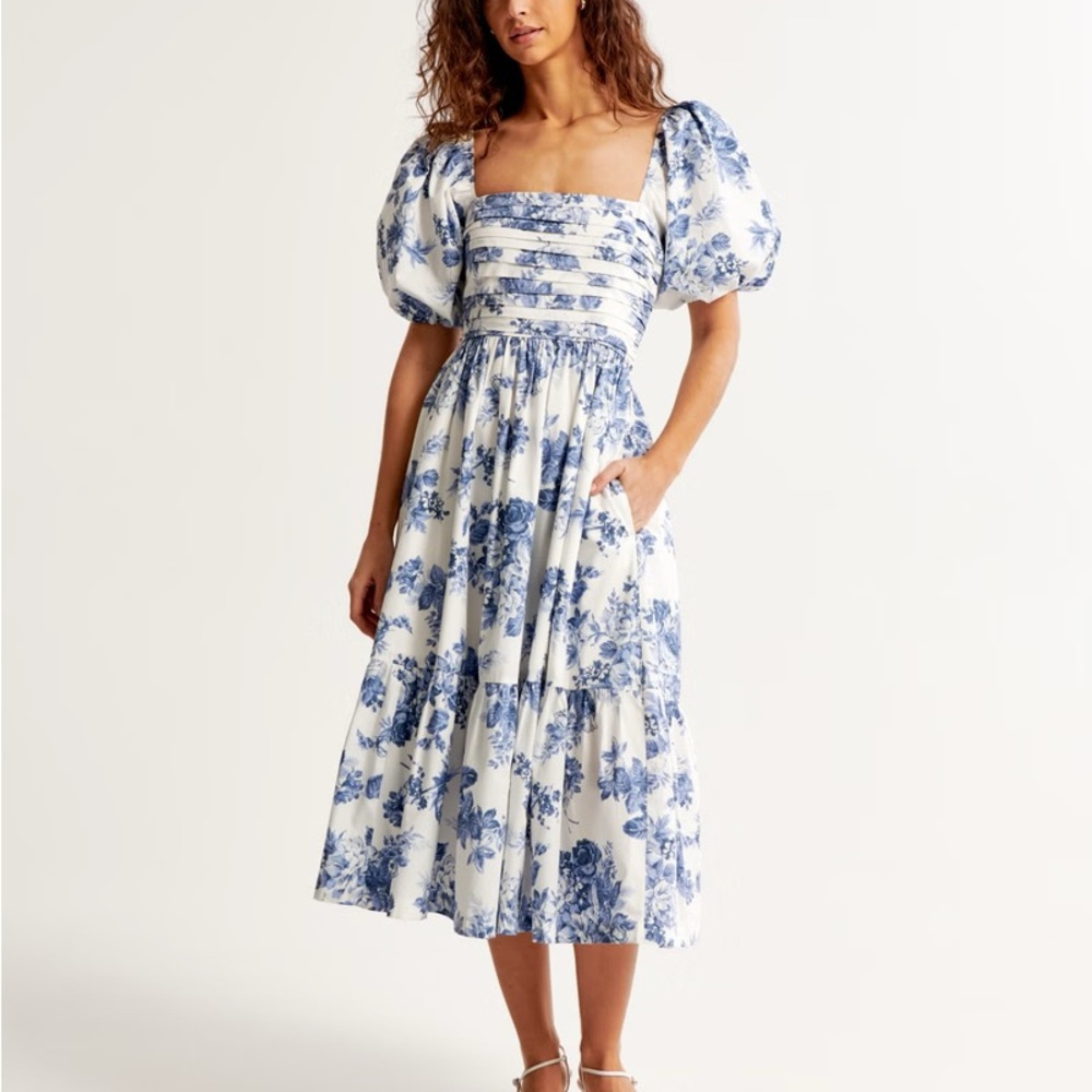 Abercrombie Emerson Poplin Puff Sleeve Midi Dress, Blue Floral - Size M